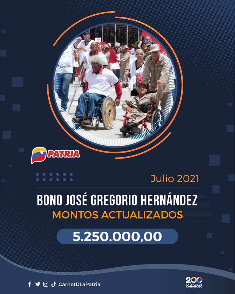 #ATENCIÓN El #Carnetdelapatria y el #SistemaPatria es un moderno mecanismo de atención social que también incluye a personas con discapacidad.

Conozca aquí el nuevo monto del #Bono #josegregoriohernandez >>> bit.ly/2V3h92c

#FelizMartes #FuerzaPatrióticaPorLaPaz #20Jul