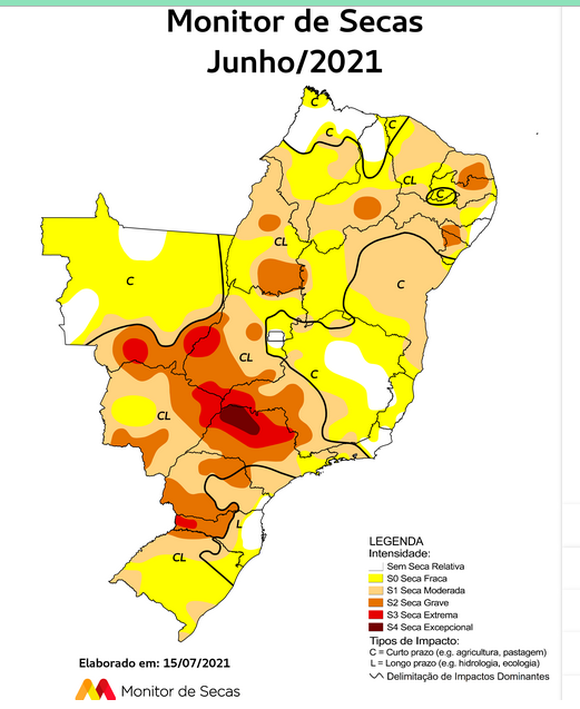 EGudynas's tweet photo. Sequía gravísima en Brasil: la peor en 91 años, y casi todo el país bajo sequía, que en amplias zonas es seca grave, extrema o excepcional. Más de 20 años en deforestar, destruir humedales, y más. 
Ayer brindaban con champaña las cosechas de soja; hoy no tienen agua para beber. https://t.co/Tncy2lWYwA