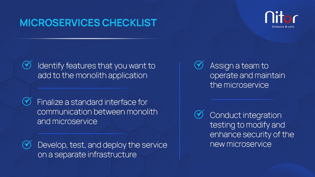 NitorInfotech's tweet image. New to the realm of #microservices? Take a look at our comprehensive checklist to get started with microservices. 
#microservicearchitecture #monolith #productengineering #legacymodernization #modernization #appdevelopment