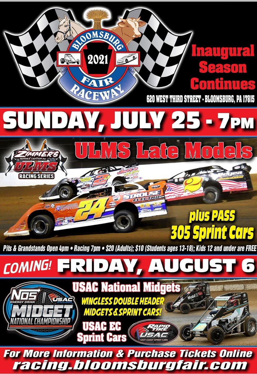United Late Model Series (@ulmslatemodels) on Twitter photo This weekend itβs a 3 day swing in PA with $5000 <a href="/SpeedwayPa/">Thunder Mountain Speedway (PA)</a> for the 11th annual Connor Bobik Memorial then a pair of $3000 to win events at @MCSpeedway and <a href="/Bloomsburg_Fair/">Bloomsburg Fair Association</a> ππ watch all three nights at the track or on <a href="/WatchTheCushion/">The Cushion</a> <a href="/BobikDerek/">Derek Bobik</a> <a href="/blairwon11/">Team Blair Racing</a> <a href="/JMR_H1/">JMR Racing</a> This weekend itβs a 3 day swing in PA with $5000 <a href="/SpeedwayPa/">Thunder Mountain Speedway (PA)</a> for the 11th annual Connor Bobik Memorial then a pair of $3000 to win events at @MCSpeedway and <a href="/Bloomsburg_Fair/">Bloomsburg Fair Association</a> ππ watch all three nights at the track or on <a href="/WatchTheCushion/">The Cushion</a> <a href="/BobikDerek/">Derek Bobik</a> <a href="/blairwon11/">Team Blair Racing</a> <a href="/JMR_H1/">JMR Racing</a>
