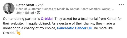 OrbidalGroup's tweet photo. We love nothing more than receiving positive feedback from clients! Thanks to Peter Scott & the whole team at @Kantar_UKI for their kind words!
#TurningProcessIntoProgress #HappyCustomer https://t.co/90vP4Phcc2