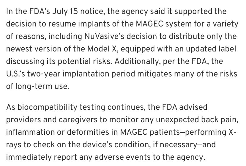 scolionetwork's tweet photo. FDA - 2 year implantation period mitigates many of the risks of long term use. @DonnellyStephen children in Ireland have #Magec implanted over many years in some cases. Older versions of rods also. @paulreiddublin @CMOIreland no statement from @TheHPRA re suspension of CE Mark. https://t.co/uVJ0JRNzUh
