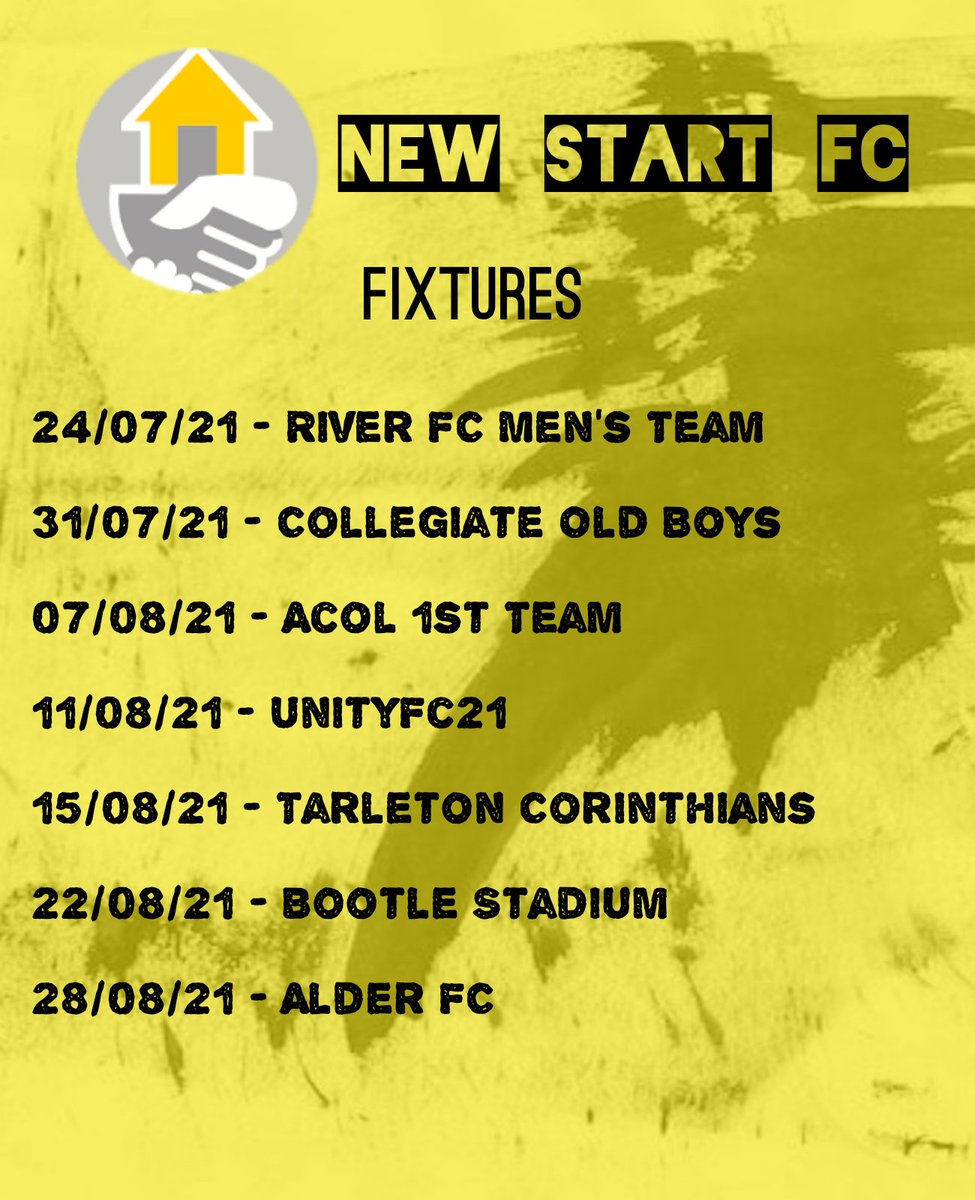 New Start FC (@newstartfc1) on Twitter photo Preseason fixtures are in
<a href="/RiverFCMen1/">βͺπ΄β«River FC Mens Teams βͺπ΄β«</a>
<a href="/CollegiateOldBo/">Collegiate Old Boys</a>
@acolfc1
@Fc21Unity
Tarleton Corinthians
Bootle Stadium
<a href="/AlderFc/">Alder FC</a> Preseason fixtures are in
<a href="/RiverFCMen1/">βͺπ΄β«River FC Mens Teams βͺπ΄β«</a>
<a href="/CollegiateOldBo/">Collegiate Old Boys</a>
@acolfc1
@Fc21Unity
Tarleton Corinthians
Bootle Stadium
<a href="/AlderFc/">Alder FC</a>