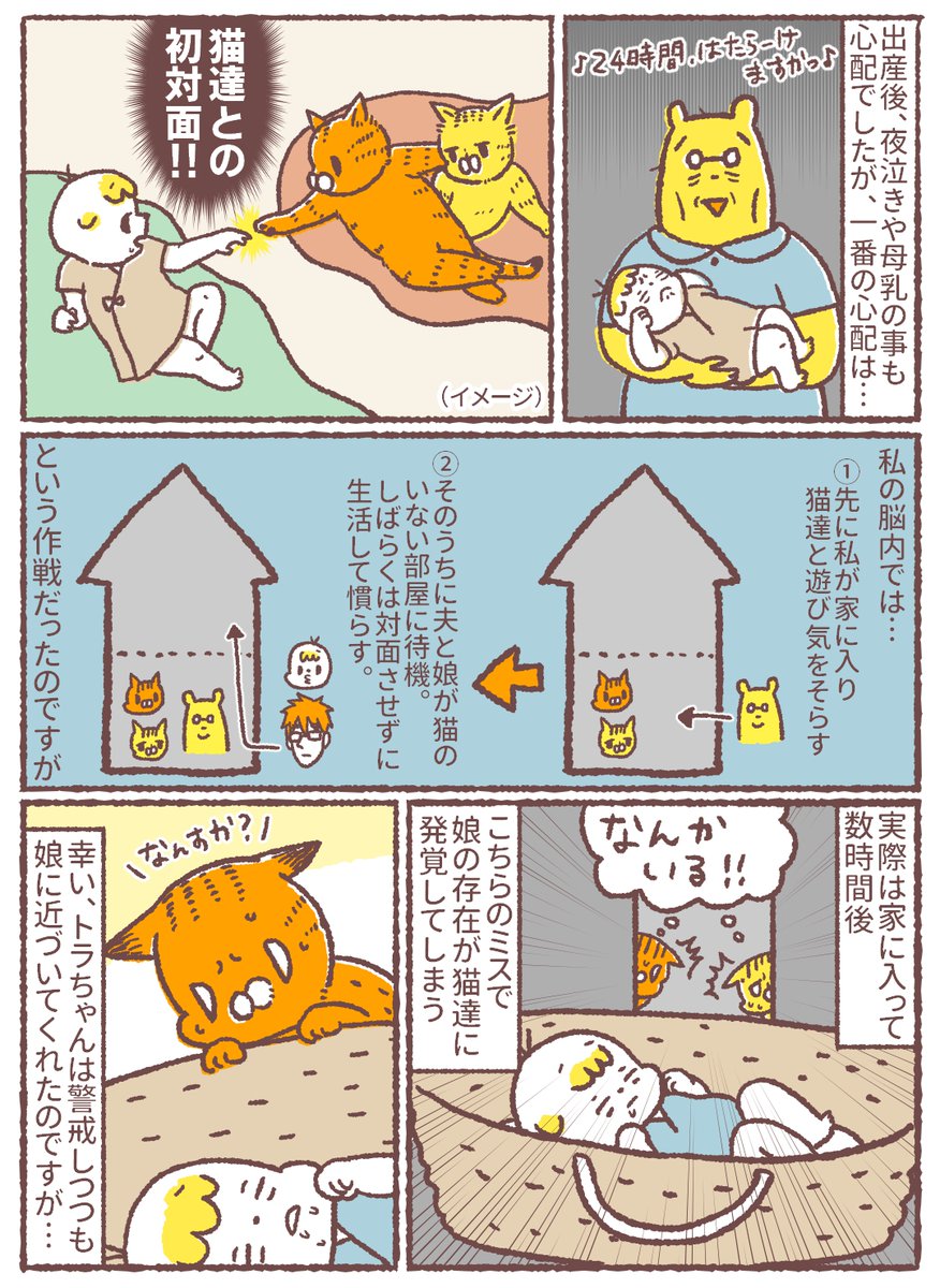 【ちょっと前の漫画】
猫と赤子の娘の初顔合わせの時の話。

当時、新入り子猫と顔合わせする段取りで顔合わせしようと思ってたのですが失敗してしまいました…。
#猫漫画 
#子育て漫画  
#漫画が読めるハッシュタグ 