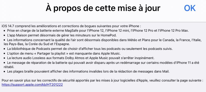 La Mise à jour iOS 14.7 est dispo pour votre iPhone  
Elle apporte des améliorations,mises à jour et des correctifs de sécurité 
Comme d’habitude, sauvegardez avant d’installer😉
#MiseAJour
#Apple #iOS147 #iOS #MaJ #AppStore #iPhone12mini #iPhone12 #iPhone12Pro #iPhone12ProMax