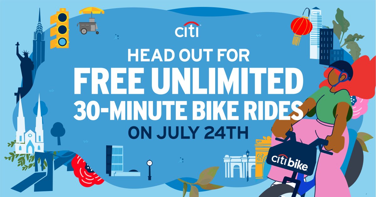 Citibank's tweet photo. Hey NYC, it’s time to get in on the summer fun and excitement! So ride to the places you love. Explore some new spots along the way, too. Best of all, you’ll enjoy Unlimited Free 30-Minute Rides all day on 7/24 from Citi (while classic bikes last): https://t.co/7Idzw9FpZD https://t.co/6CKhpB2AzA