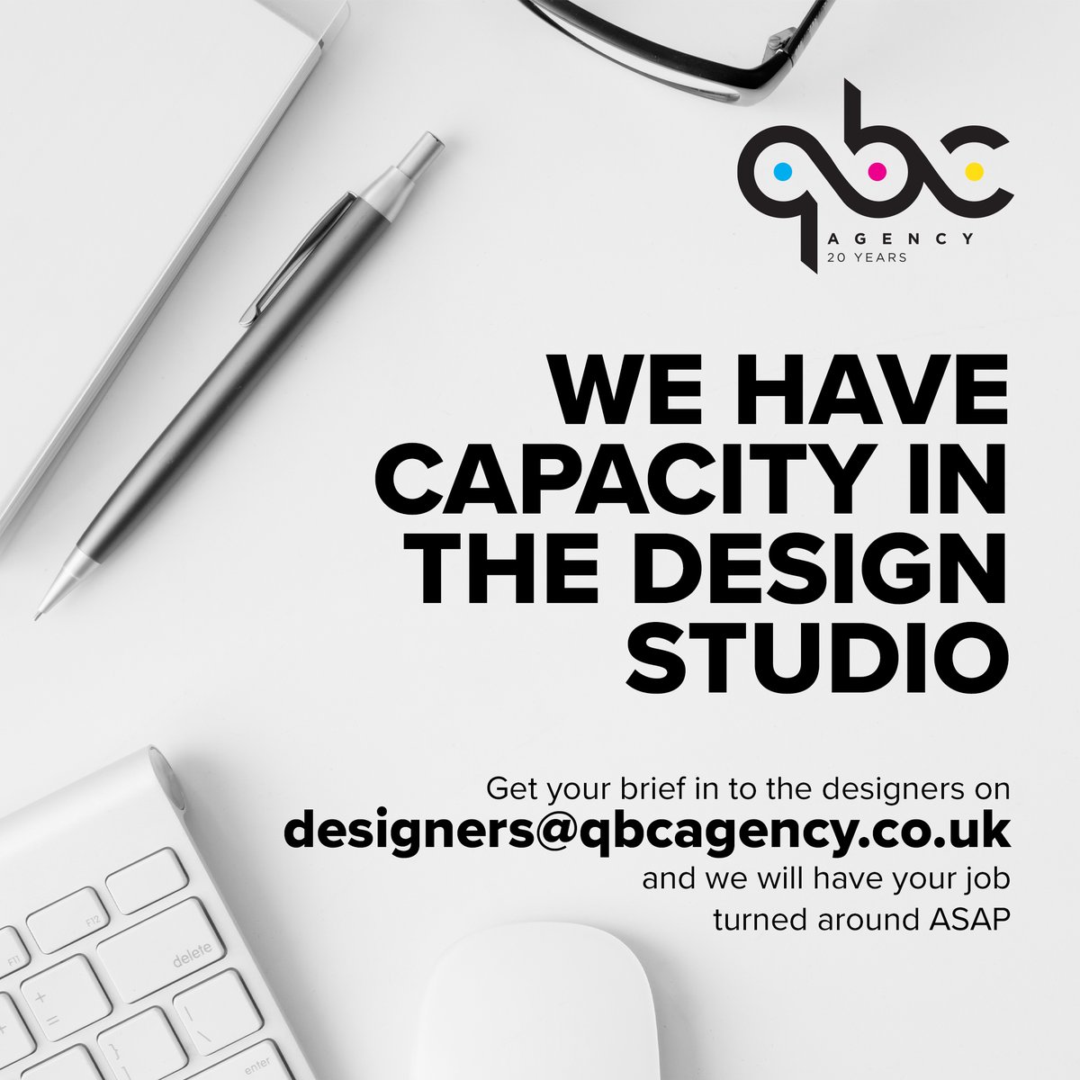 We have the capacity in our studio for more design! If you're in need of any digital or printed design then you need QBC! 😎

For more information on our range of print &amp; design services, get in touch: designers@qbcagency.co.uk

#QBC #QBCagency #design #print