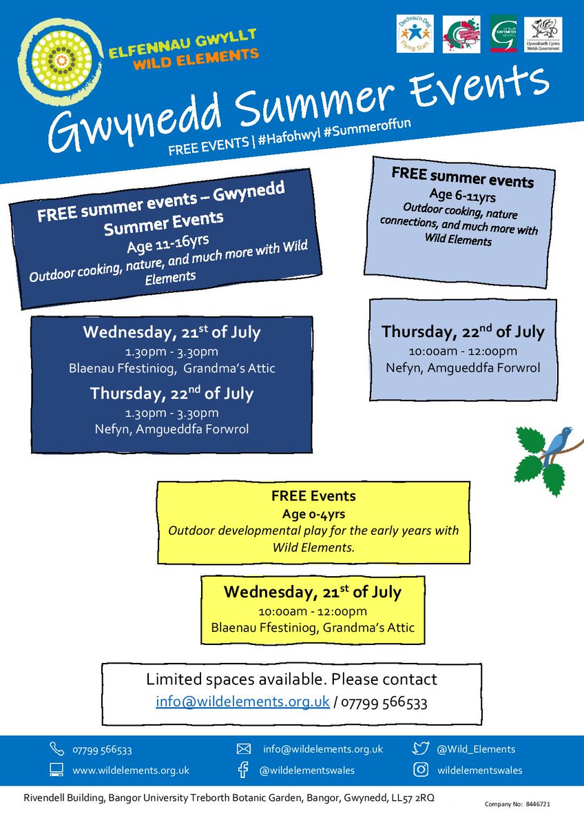 Digwyddiadau am ddim i blant | Free activities for children 

Blaenau Ffestiniog 0-5s and 11-16s, 21 July and 12 August.

Bookings info@wildelements.org.uk / 07799 566533

Events across Gwynedd throughout July and August - facebook.com/wildelementswa…