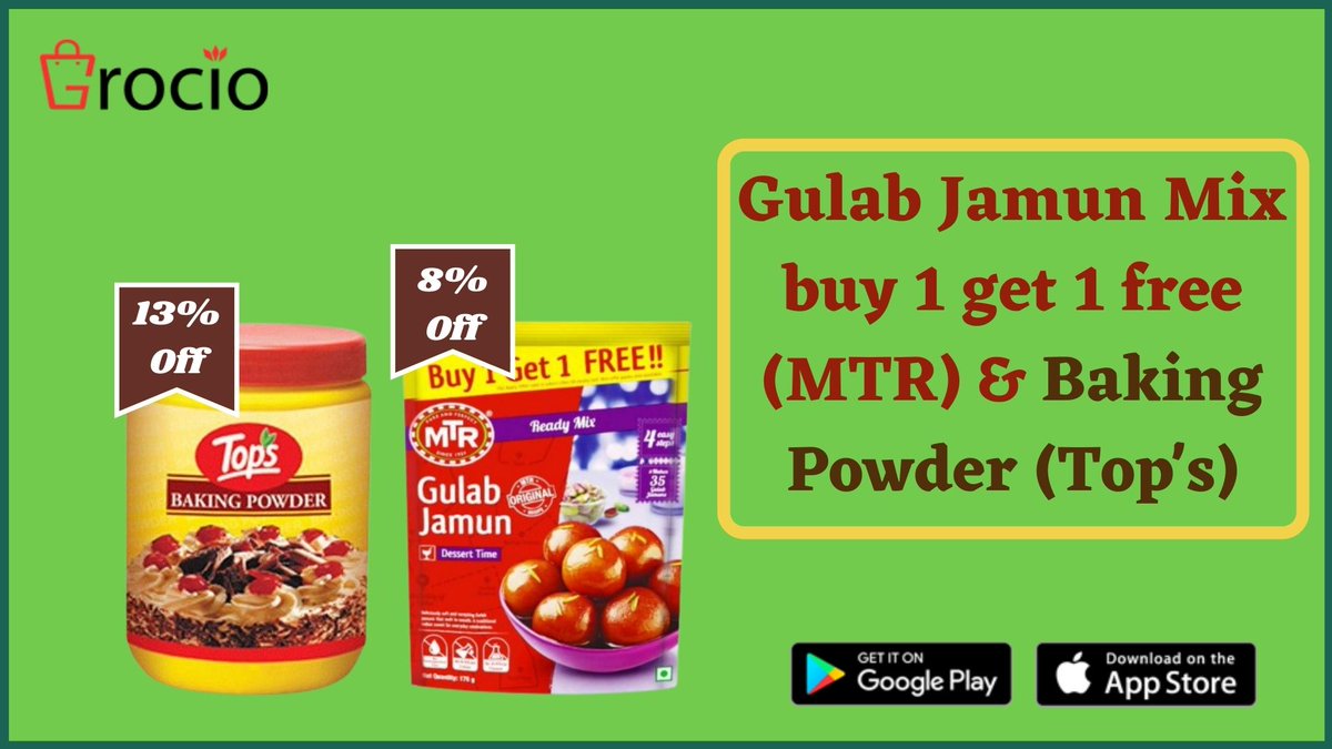 Grocio_India's tweet photo. Gulab Jamun Mix buy 1 get 1 free (MTR) &amp; Baking Powder (Top's) Online at Grocio

Shop Now: https://t.co/alAtiqgDQ8

https://t.co/rByfP4Jldv

Download: https://t.co/Ukj5cEN8OT

#Grocery_Store #Online_Shopping #Supermarket #Grocio #Online_Store #RajKundraArrest #BakraLivesMatter https://t.co/OnajZfJ1qT
