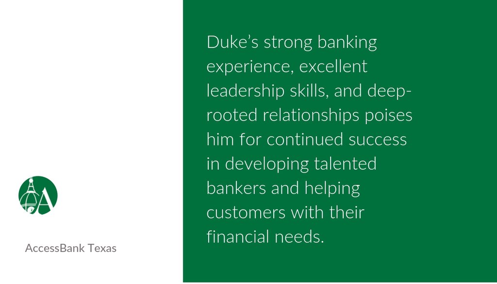 AccessBankTexas's tweet photo. Duke York named Denton Market President

Congratulations Duke York!
▸ https://t.co/j0uXmd2gwi

#SmallBusiness #PersonalBanking #DeepRootedRelationshipsPoises #DevelopingTalentedBankers #ExecutiveVicePresident #TeamDrivenSpirit #NativeTexanResiding #ChiefLendingOfficer https://t.co/iTHX49Y9BA