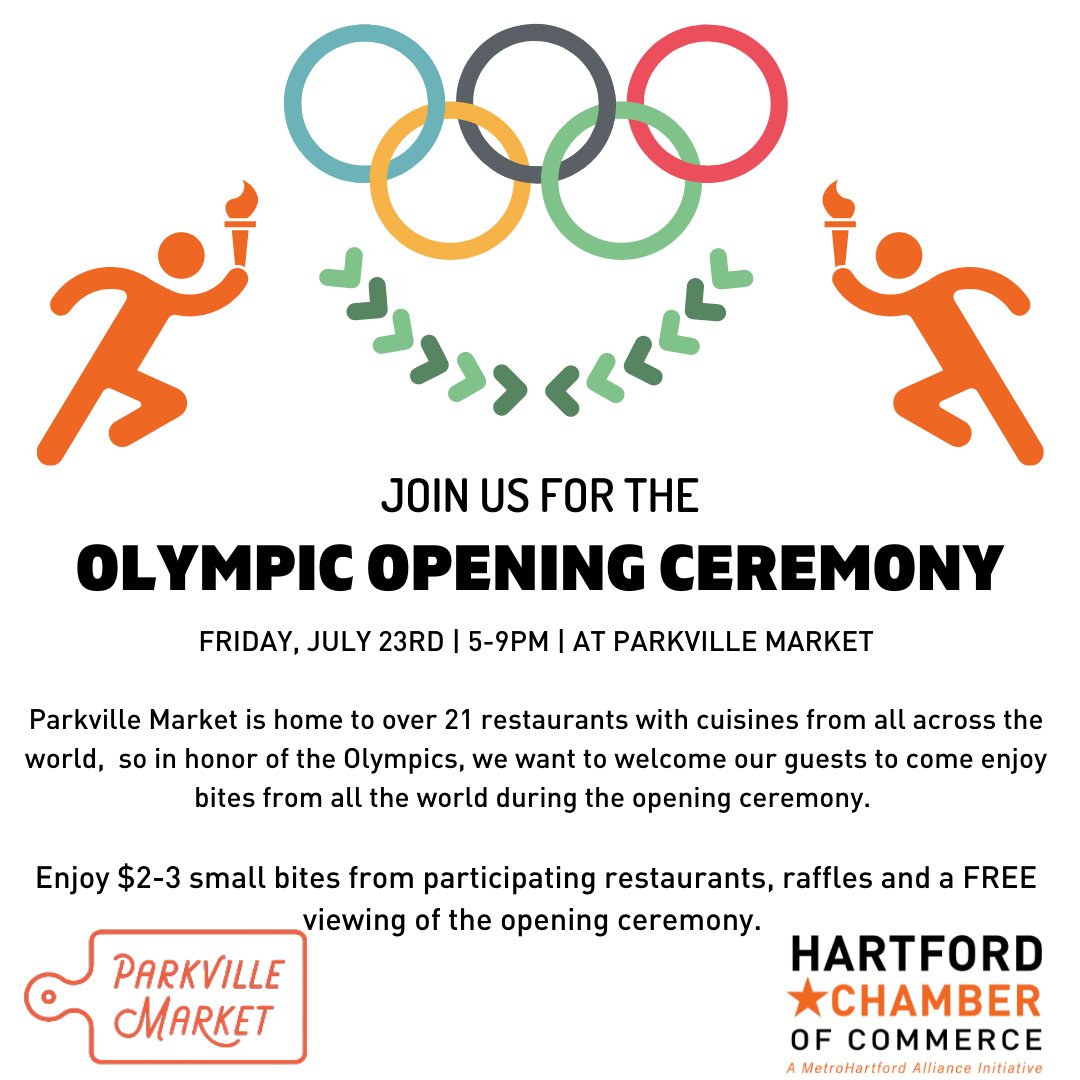 Viewing Party! Enjoy food from around the world while celebrating the start of the Olympics! Friday, July 23, 2021 5:00 to 9:00 p.m. The 2021 Olympics are a moment for the world to truly celebrate. @ParkvilleMarket 1400 Park Street, Hartford, CT @OhHartford #Olympics