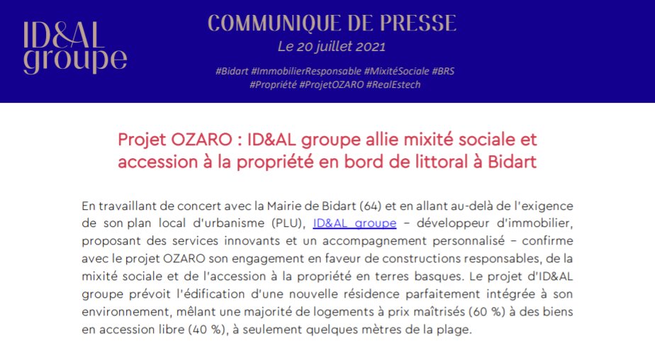 🏡 Avec le projet OZARO à @VilleDeBidart , nous confirmons notre engagement en faveur de constructions responsables, de la mixité sociale et de l’accession à la propriété en terres basques.

👉Livraison au premier trimestre 2022.

Lire le CP : bit.ly/3kCdrHA

#immobilier