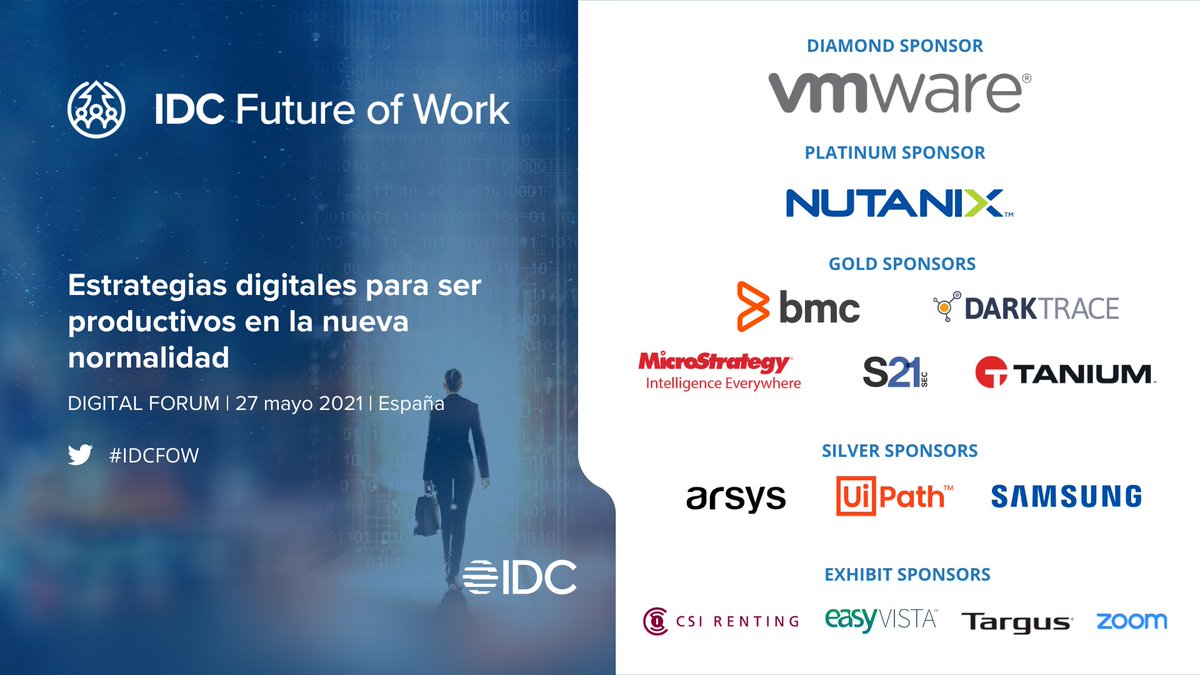 IDCSpain's tweet photo. Ya está disponible para ver el evento de IDC centrado en el futuro del trabajo. Puedes ver todas las presentaciones y sesiones aquí: https://t.co/jOuBGz51gn #IDCFOW | Sponsors: @vmware_es @NutanixSpain @BMCSoftware @Darktrace @MicroStrategySP @S21sec @Tanium #work #smartworking https://t.co/iPOlevbwIR