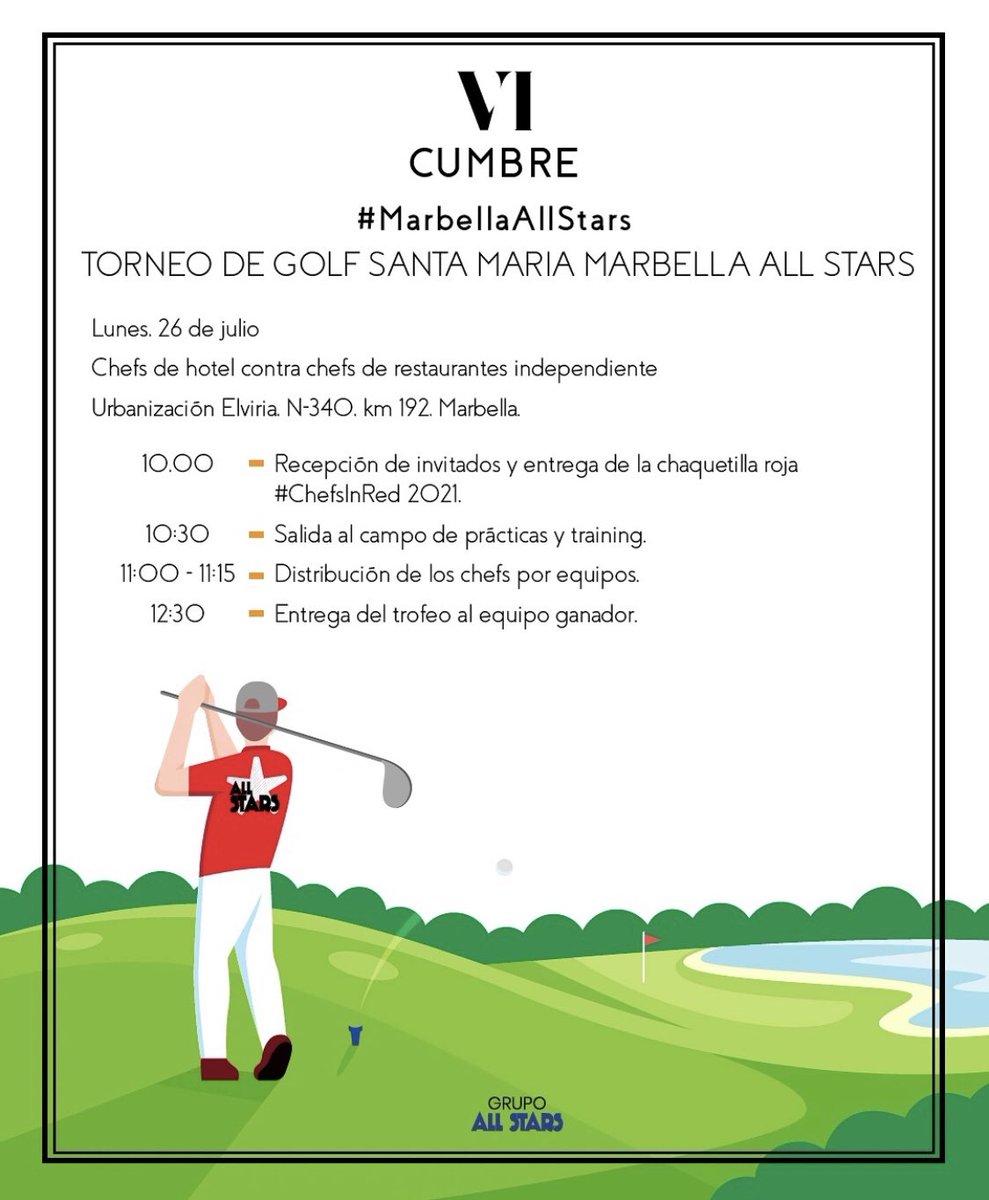 marbAllStars's tweet photo. Chefs de hotel contra chefs de restaurantes independientes. Así será el V Torneo de Golf Santa María #MarbellaAllStars La cita, el lunes 26 de julio a partir de las 10,00 horas #Marbella @SantaMaria_Golf https://t.co/x9cHQ5uaFW