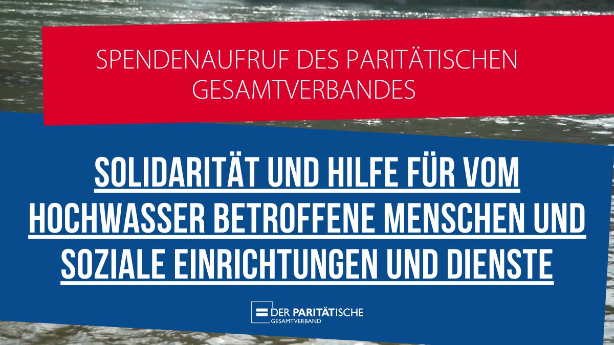 🤝 Solidarität und Hilfe für vom Hochwasser betroffene Menschen: Hilf sozialen Einrichtungen und denen, die sie brauchen. Spende jetzt für den Wiederaufbau sozialer Dienste in den vom Hochwasser geschädigten Regionen. Jeder Beitrag hilft👍.
👉 der-paritaetische.de/alle-meldungen…