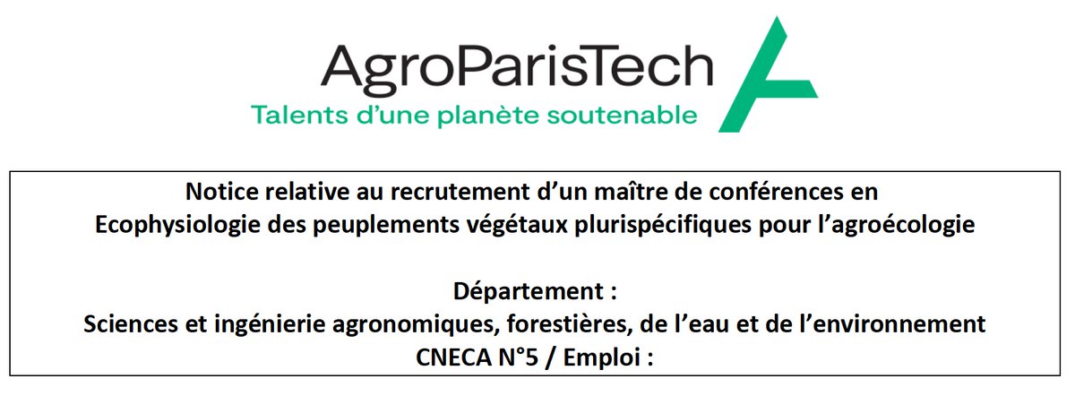 <a href="/AgroParisTech/">AgroParisTech</a>  recrute un maître de conférences sur les couverts végétaux diversifiés pour l'#agroécologie @UAgronomie <a href="/UMRAgroecologie/">UMRAgroecologie</a> <a href="/UMR_LEPSE/">LEPSE</a> <a href="/laboratoire_ese/">laboratoire ESE - UMR 8079</a> <a href="/UMR_IGEPP/">UMR Igepp</a> <a href="/agroscope/">Agroscope</a>