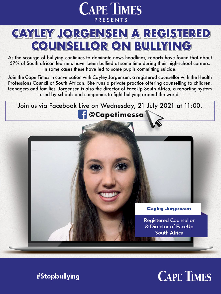 FB LIVE: Join <a href="/CapeTimesSA/">Cape Times</a> Facebook Live on Wednesday, 21 July at 11:00 as a registered counsellor, Cayley Jorgensen shares insights on the topic of bullying.

#stopbullying #notobullying #bullyingawareness #antibullying
