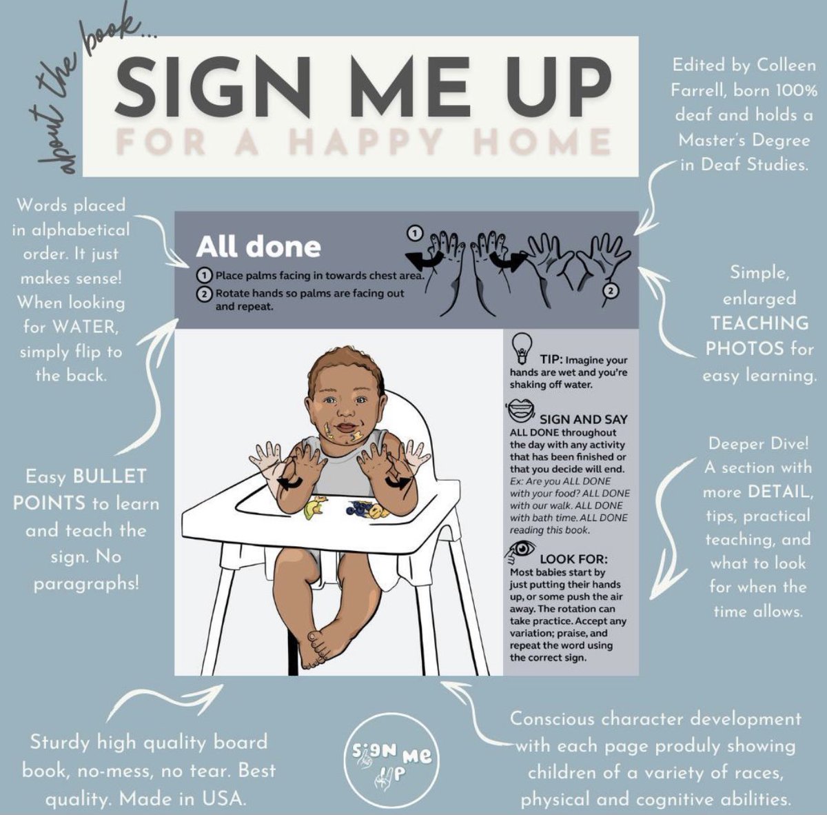 Our Book - Sign Me Up for a Happy Home - was crafted for YOU by a busy mama herself (<a href="/mrsshowtimetate/">Elise Tate</a>!).⁠
⁠There are many ways in which Sign Me Up is different from a standard "baby sign book", as well as why experts highly recommend Sign Me Up over the other options out there!