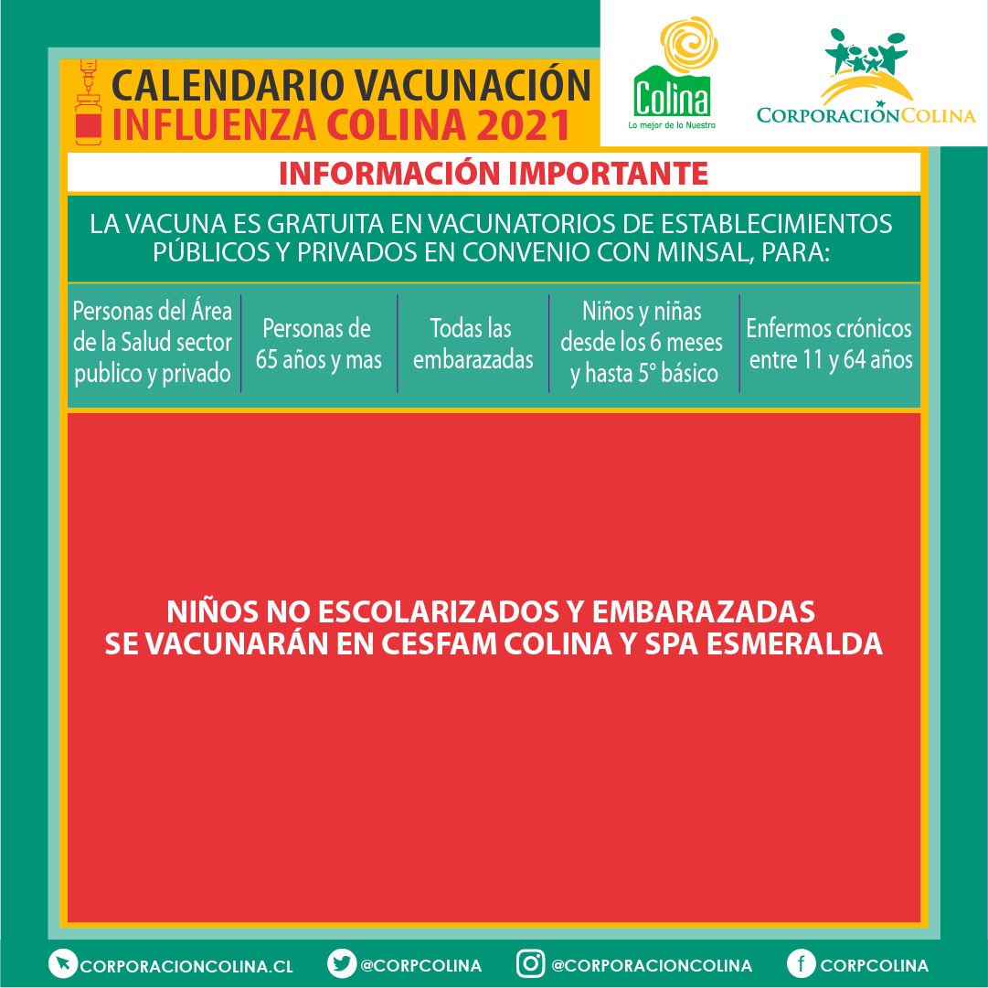 MuniColina's tweet image. #VacunacionInfluenza
@CorpColinaSalud entrega el calendario de vacunación contra la #Influenza para esta semana, orientada a los grupos objetivos indicados a continuación.
Mantente atento para conocer las próximas fechas y lugares de inoculación.
@imvalenzuela