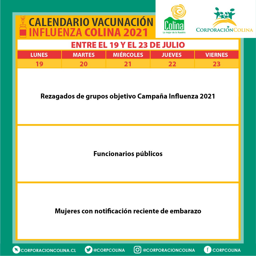 MuniColina's tweet image. #VacunacionInfluenza
@CorpColinaSalud entrega el calendario de vacunación contra la #Influenza para esta semana, orientada a los grupos objetivos indicados a continuación.
Mantente atento para conocer las próximas fechas y lugares de inoculación.
@imvalenzuela