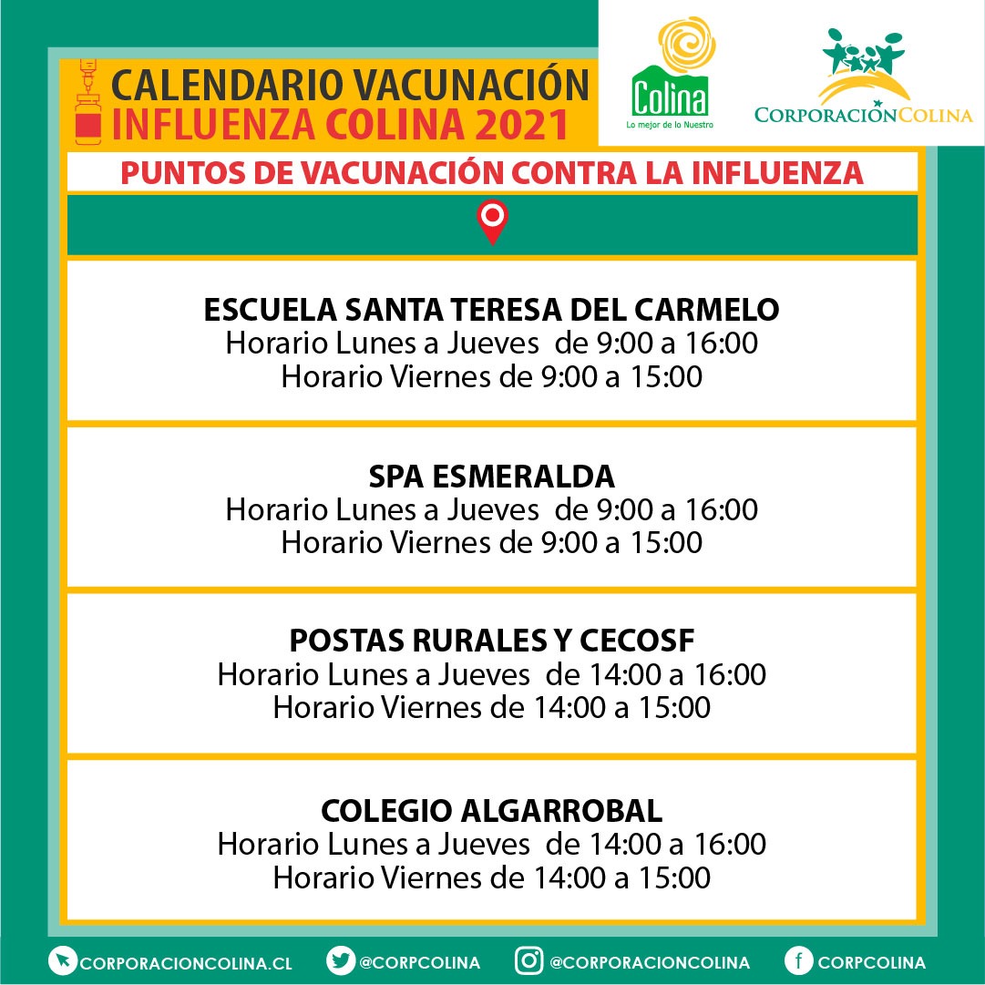 MuniColina's tweet image. #VacunacionInfluenza
@CorpColinaSalud entrega el calendario de vacunación contra la #Influenza para esta semana, orientada a los grupos objetivos indicados a continuación.
Mantente atento para conocer las próximas fechas y lugares de inoculación.
@imvalenzuela