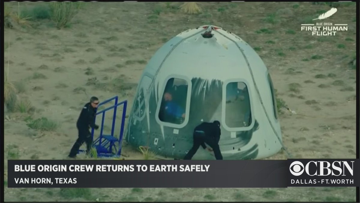 CBSNewsTexas's tweet photo. #BREAKING - Blue Origin’s New Shepard rocket with Jeff Bezos and crew returns safely to earth - LIVE - https://t.co/X4e0UrFbLm https://t.co/TXoTK61h4R