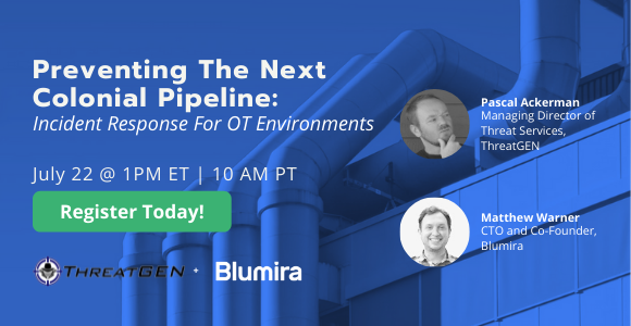 Having an incident response plan is key to preventing disastrous consequences like the ones we saw with #ColonialPipeline.

Join <a href="/Owenwarner/">Owenwarner</a>, CTO and Co-Founder at Blumira, and Pascal Ackerman at <a href="/ThreatGEN_RvB/">ThreatGEN Red vs. Blue</a> to learn tips for incident response: bit.ly/3wUZQNT