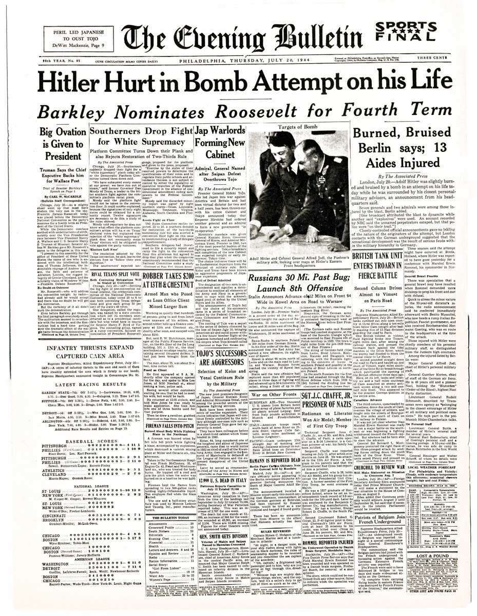 FDRLibrary's tweet photo. "Barkley Nominates Roosevelt for Fourth Term" - The Evening Bulletin, Philadelphia, July 20, 1944 #FinalCampaign https://t.co/BXA6JXr9Qz