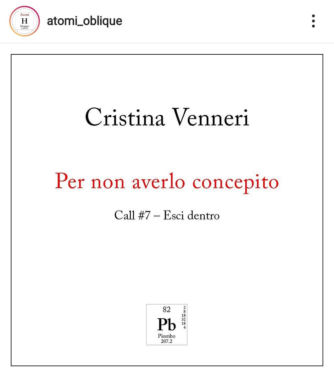Oggi mi sento Piombo.

La mia flashfiction 'Per non averlo concepito' sulla pagina Instagram degli #atomi di <a href="/obliquestudio/">oblique studio</a>.
🖤
instagram.com/p/CRjDTovHa3_/…