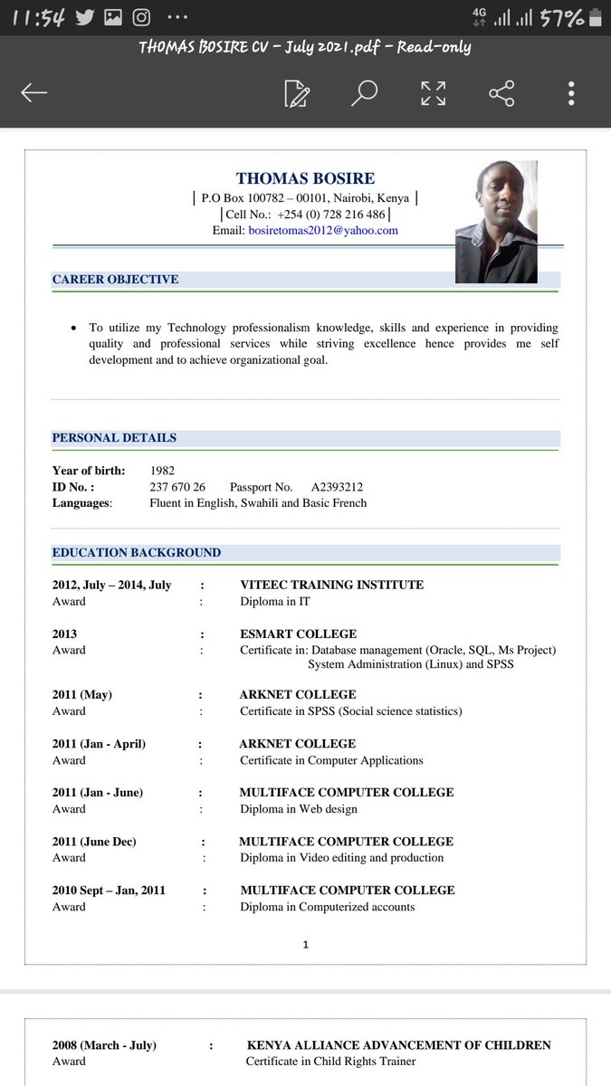 BulletsBrains's tweet photo. His name is Thomas Bosire,a male adult living with phisical disability. But when i met him he is actually better,hard worked that many if us.
He's lookibg for a job ya Comp,Data entry.He is willing to work.I have attached Part of His CV.

Plz RT His emloyer anaezakuwa kwa TL yako https://t.co/Ar155v1zNW