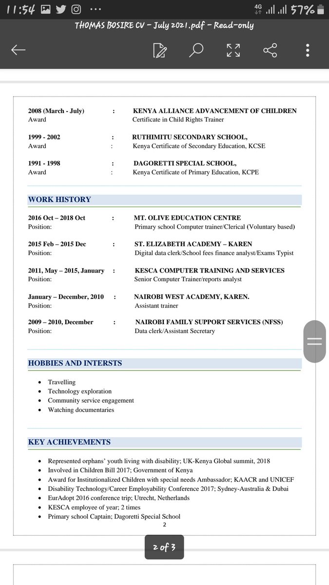 BulletsBrains's tweet photo. His name is Thomas Bosire,a male adult living with phisical disability. But when i met him he is actually better,hard worked that many if us.
He's lookibg for a job ya Comp,Data entry.He is willing to work.I have attached Part of His CV.

Plz RT His emloyer anaezakuwa kwa TL yako https://t.co/Ar155v1zNW