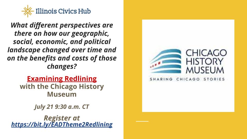 IL_CivicsHub's tweet photo. Avoid #FOMO and join our free #PoolsidePD with @ChicagoMuseum tomorrow exploring @EADRoadmap Theme 2- Our Changing Landscape with an inquiry around redlining. #sschat #icivicsednet Register at https://t.co/ITDrBMXDAw https://t.co/vy6FpOyety