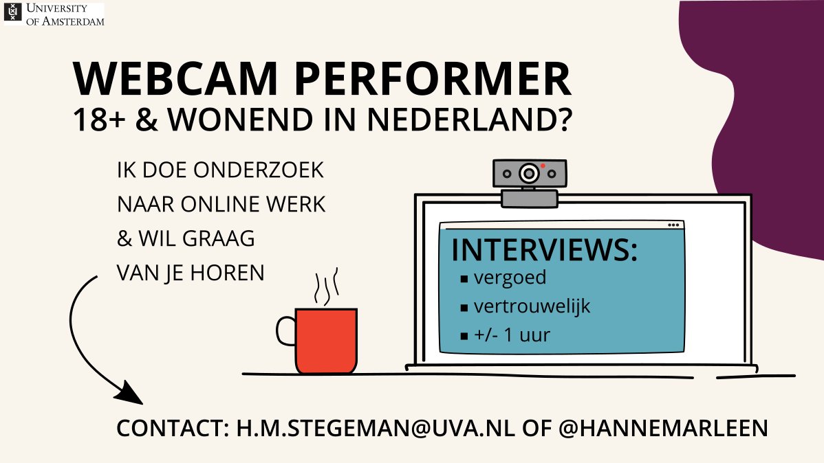 gemeenschap ei Professor hanne stegeman on Twitter: "Ben jij een #webcam performer in Nederland? Ik  wil leren van jouw perspectieven! Ik interview performers om ons begrip van online  werk/markten te verbeteren. Je krijgt €30,- of