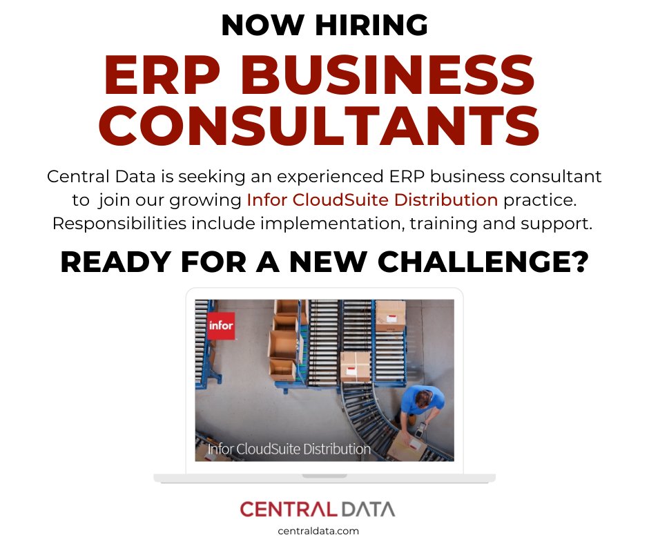 CentralDataNews's tweet photo. Attention ERP implementation consultants, are you ready for a new challenge? 🏋🏻‍♀️

Central Data is now hiring ERP consultants with financial, inventory and warehouse management experience 🚚

Learn more about Central Data and Infor CloudSuite Distribution: https://t.co/rcMaa70nso https://t.co/YkrL5FAjOr