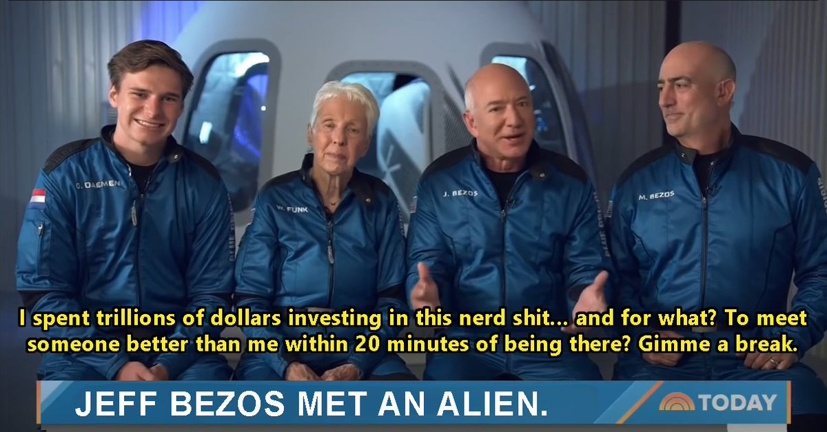 DeanDobbs's tweet photo. Sounds like Jeff Bezos had a wonderful time in space. Congrats, man! https://t.co/nC4kpvIDIN