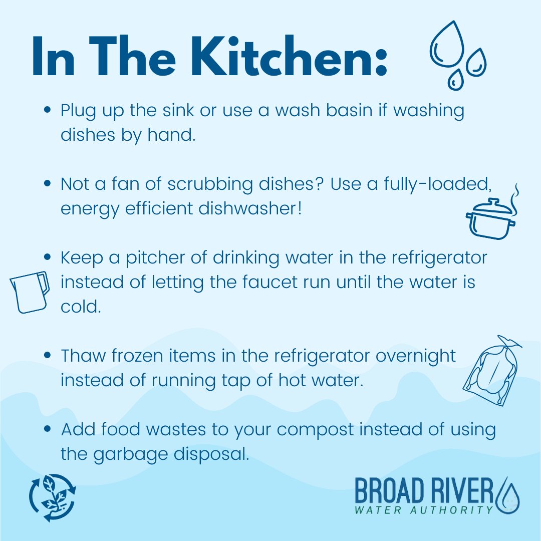 Interested in learning how to reduce your water consumption? We're putting together a few tips that may be helpful in guiding you how to use less water and make your wallet fatter! Here are 5 tips to save water in the kitchen! #EveryDropCounts

#BRWA #BroadRiverWater