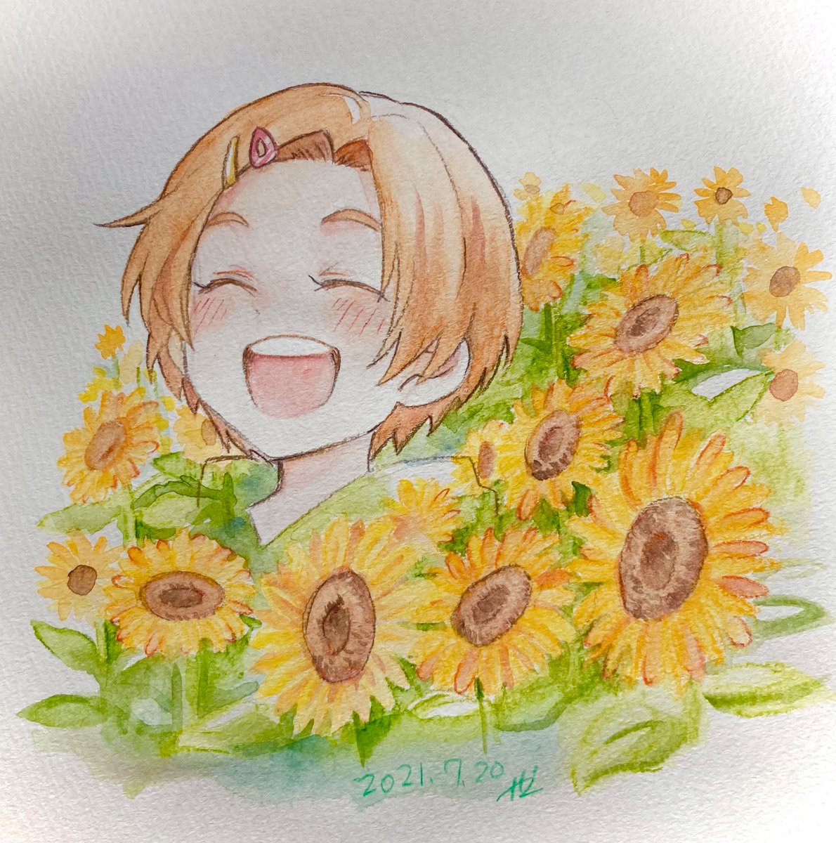 ryuzaki kaoru flower solo hair ornament sunflower 1girl smile closed eyes  illustration images