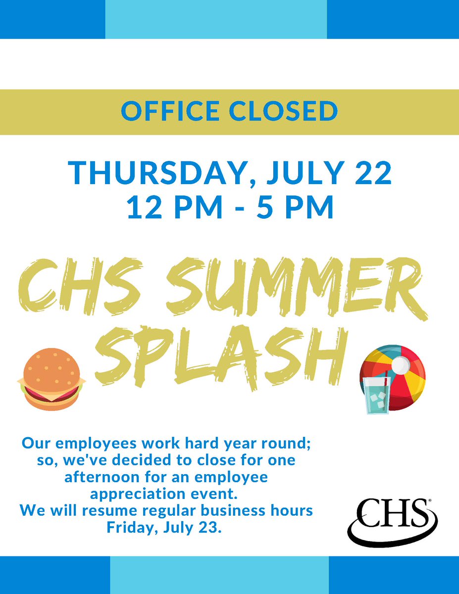 Quick reminder that all our CHS locations will be closed at noon today.
We will reopen with regular business hours Friday.