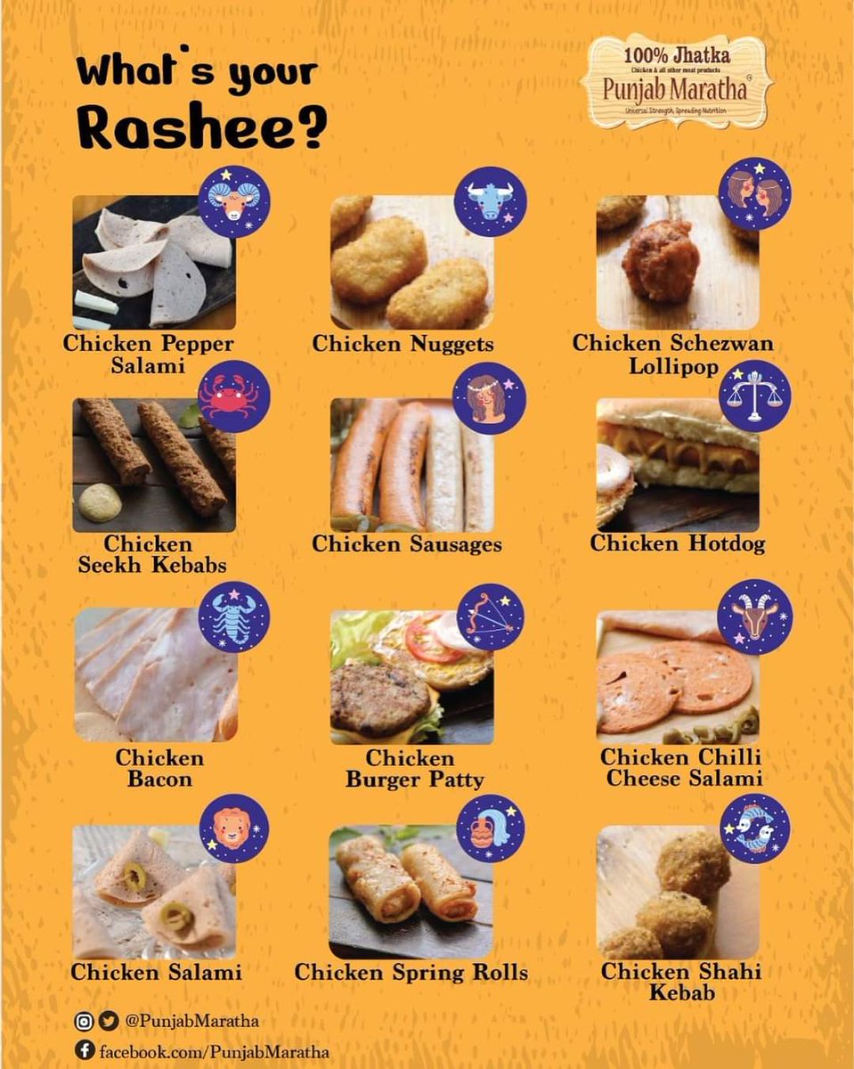 punjab_maratha's tweet photo. When it comes to predicting the future of your taste buds, we are definitely accurate.
Tag your friends, comment below and tell them whatβs your rashee? β¨
#chicken #jhatka #jhatkachicken #jhatkacertifiedmeat #chickenlollipop #chickenbacon #salami #chickenspringrolls https://t.co/bIp29ZL9IE