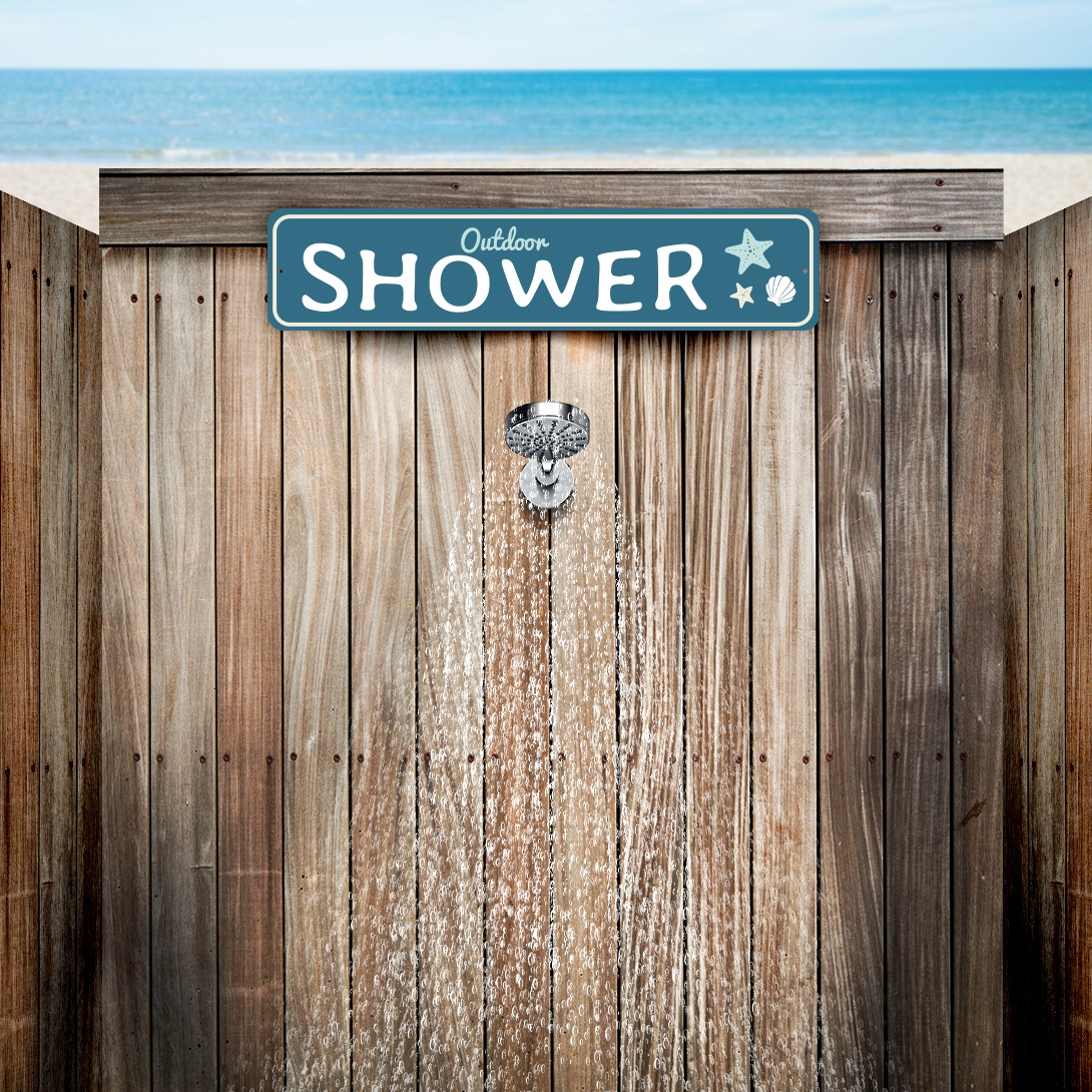 Set up your #outdoorshower with the sign of the century! This design is flying off the shelf, so get one for yourself while you still can! 🚿

Get your own today: bit.ly/3xvtsSN

#beachshower #coastalhome #beachsign #showerdecor #metalsigns #liztonsignshop