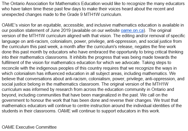 Regarding the recent changes to the Grade 9 Math Curriculum