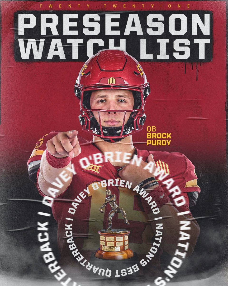 CycloneFB's tweet photo. QB1 @brockpurdy13 is a member of the @daveyobrien Watch List. Purdy is a two-time semifinalist for the award. 

🌪️🚨🌪️ https://t.co/qVSLfD7wXP