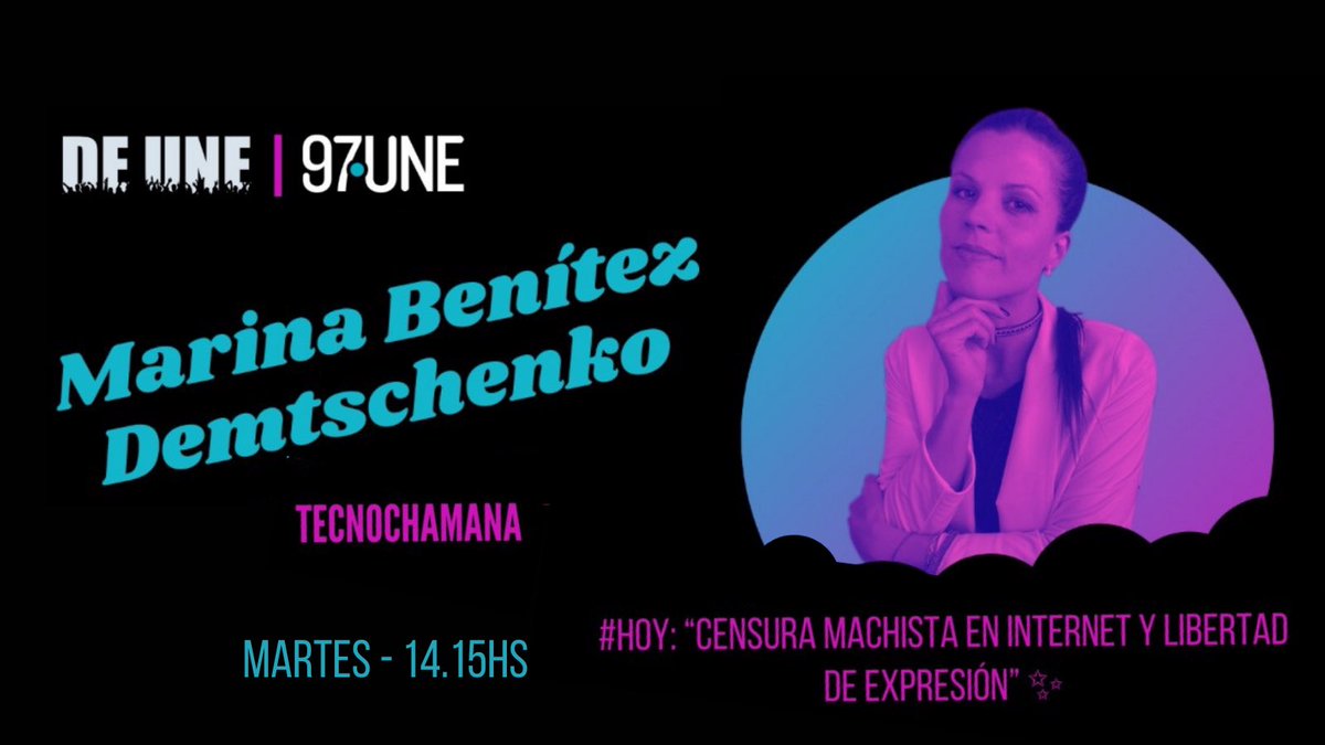 ⭐️ Hoy 14.15hs, mi #columna de la semana en <a href="/deuneok/">#De Une!</a> por @Provincia97Une:  
“#Censura machista en #Internet y Libertad de #Expresión”
El repudio a la #violencia difusa misógina se empieza a cristalizar en acciones concretas. Enterate cómo.
Sintonizá! FM 97.1 🎙Radio o #Web👩🏻‍💻