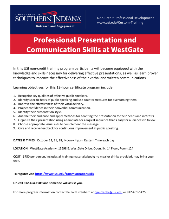 DCIEDC's tweet photo. USI will be hosting two professional training programs at the Westgate Academy this fall.  Technical Writing Fundamentals will be offered in August and September and Professional Presentation &amp; Communication Skills in October.  Please see flyers for additional details. https://t.co/GSRvboyXpz