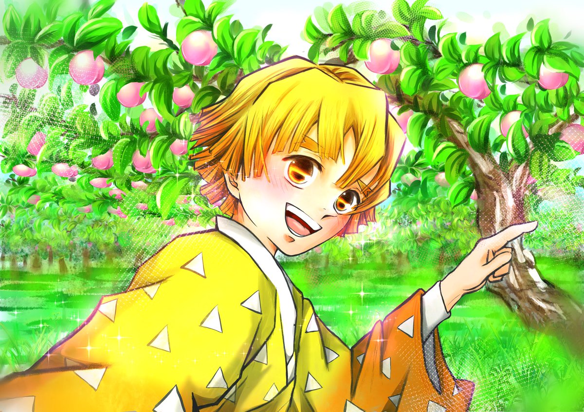 1boy blonde hair male focus japanese clothes solo yellow eyes fruit  illustration images