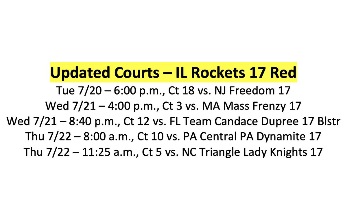 Updated court schedule for Illinois Rockets 17 Red at the USJN National Championships in Washington D.C.