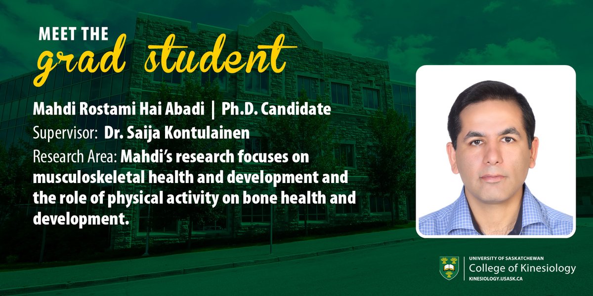 Meet our graduate students!

Our second student to highlight is PhD Candidate, Mahdi Rostami Hai Abadi.
Supervisor: Dr. Saija Kontulainen

You can view all of our graduate student bios here 👉 kinesiology.usask.ca/research/grads…