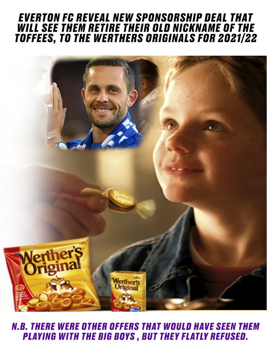 BREAKING NEWS: ⚽️⚽️⚽️⚽️
EVERTON FC unveil new sponsor for coming season, and altering their nickname from the Toffees to the Werthers Originals.
#gylfisigurdsson #Everton #EvertonFC #Theicemancometh #nonce