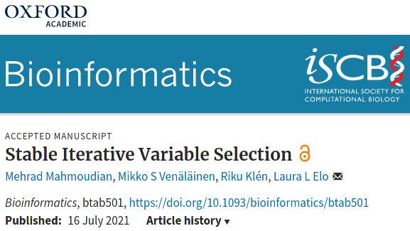I'm proud to present our latest #OpenAccess publication published in #Bioinformatics journal, titled 'Stable Iterative Variable Selection'

doi.org/10.1093/bioinf…

The method is named 'sivs' and is already available on CRAN and

github.com/mmahmoudian/si…

#RStats #FeatureSelection