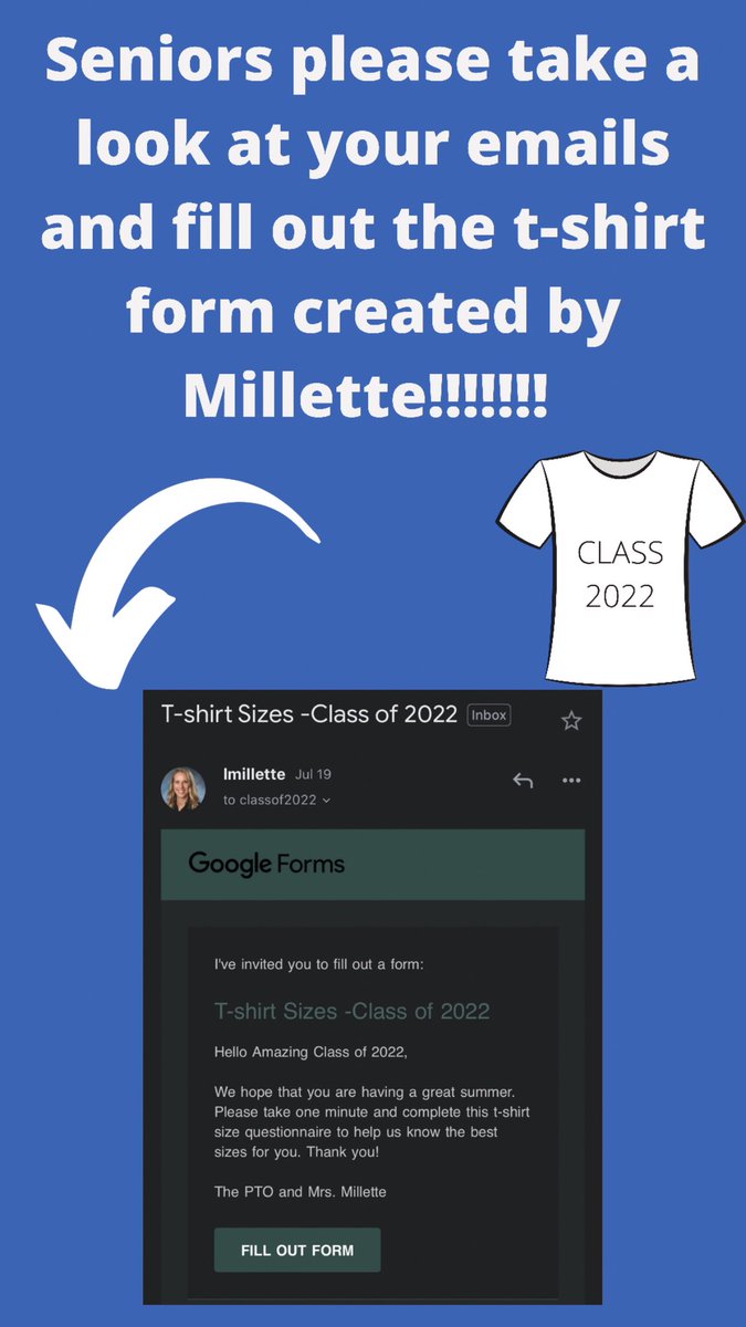 fhsclass2022's tweet image. Make sure to be active on checking emails!!!! Seniors please fill out this form for T-shirt sizes!!